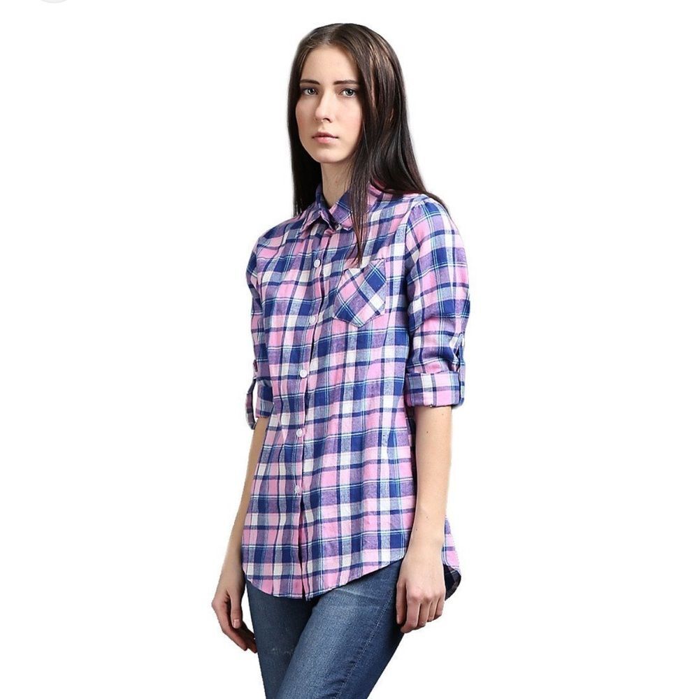 NWT Blue Rain pink and blue plaid long sleeve flannel shirt size L